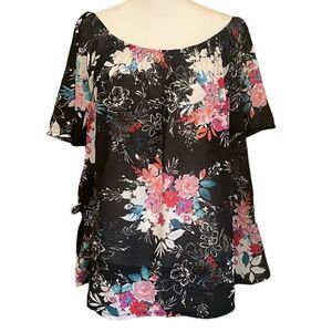 Misia Off Shoulder Black Printed Floral Sheer Top​​​​​